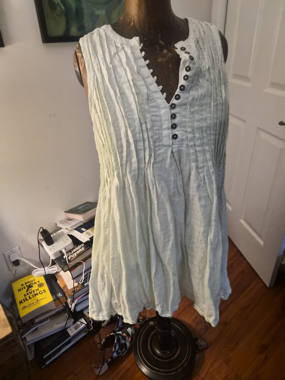 Anthropologie Light Sage Green Sleeveless Pleated Button Tunic